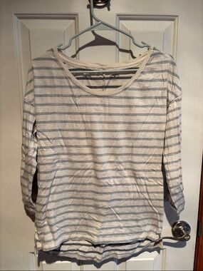 LOFT Cream and Light Gray Striped Long Sleeve Top